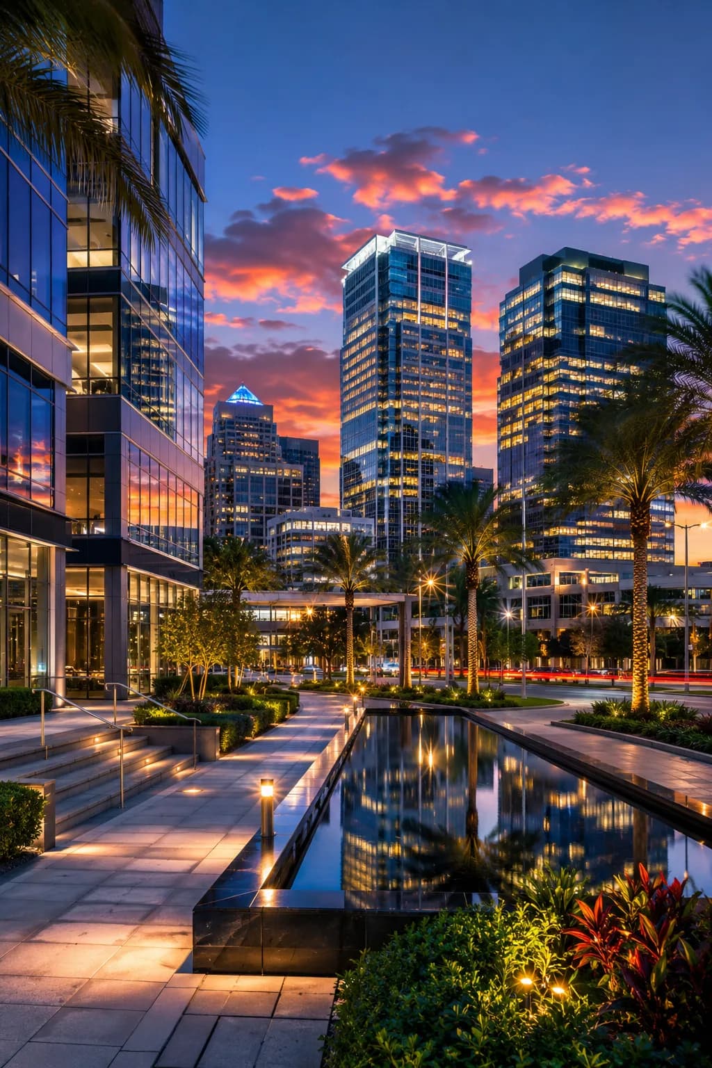 Modern office building in Jacksonville, Florida at dusk