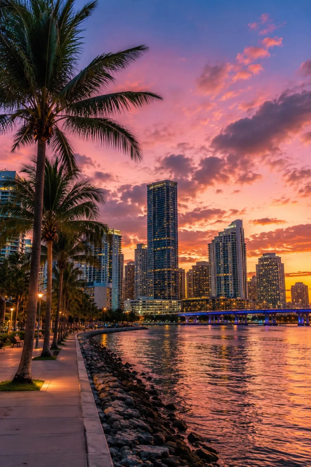 Downtown Miami and Brickell, Florida skyline at sunset
