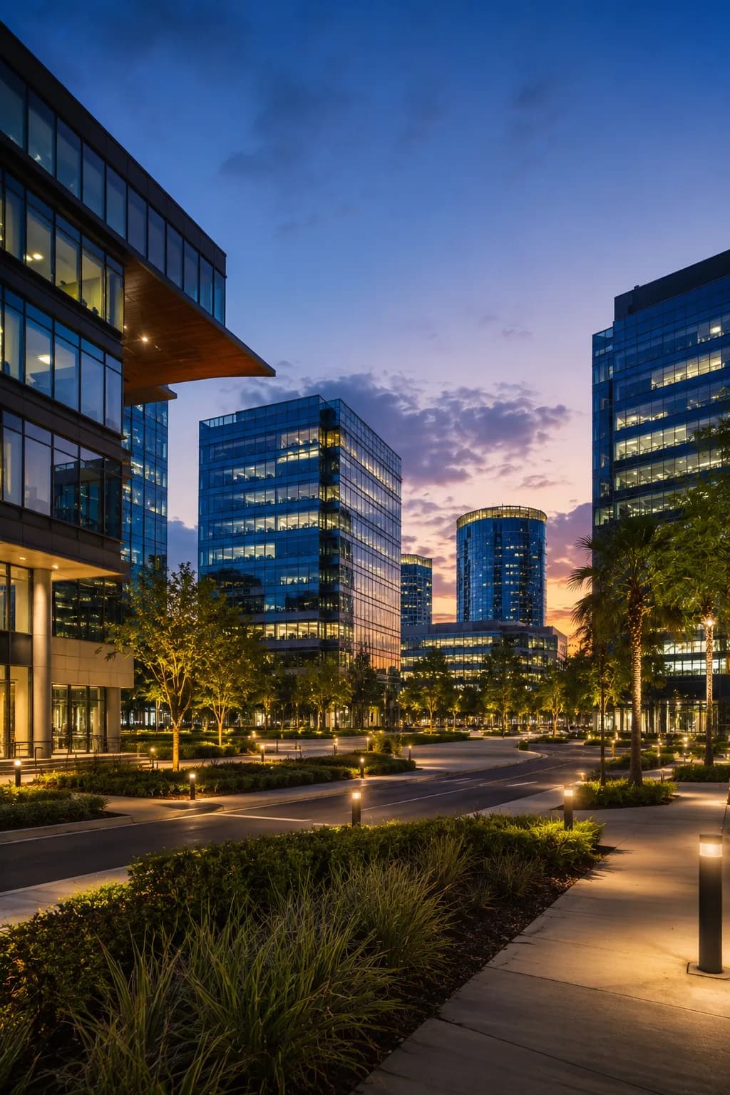 Modern office building in Naples, Florida at dusk