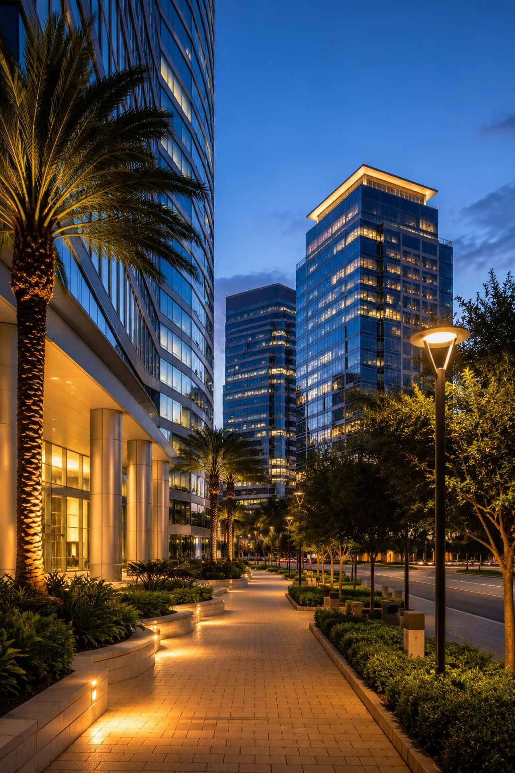 Modern office building in Orlando, Florida at dusk