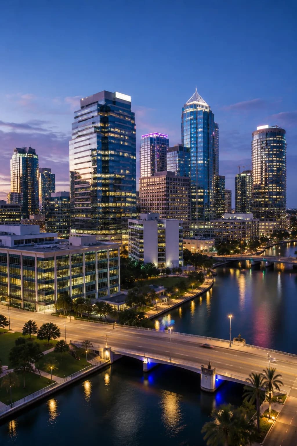 Modern office building in Sarasota, Florida at dusk