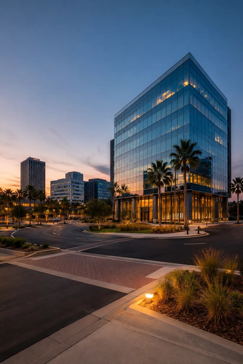 Modern Tampa office building at dusk